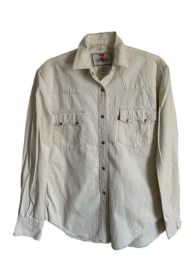 Vintage 90s Levi's Women's Off White Western Snap Button Up Shirt Size Medium